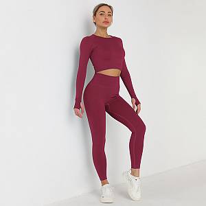 Fitness Set Αθλητικό Κολάν Ψηλόμεσο και Μακρυμάνικο Μπουστάκι Burgundy