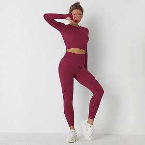 Fitness Set Αθλητικό Κολάν Ψηλόμεσο και Μακρυμάνικο Μπουστάκι Burgundy