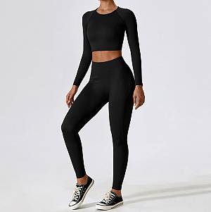 Fitness Set Αθλητικό Κολάν και Μακρυμάνικο Μπλουζάκι Μαύρο