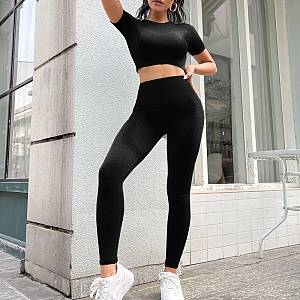 Fitness Set Αθλητικό Κολάν Ψηλόμεσο και Μπουστάκι Κοντομάνικο Μαύρο