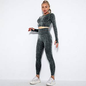 Fitness Set Αθλητικό Κολάν Ψηλόμεσο & Μπουστάκι Μακρυμάνικο Black/Grey