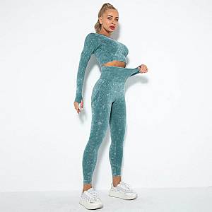 Fitness Set Αθλητικό Κολάν Ψηλόμεσο & Μπουστάκι Μακρυμάνικο Petrol