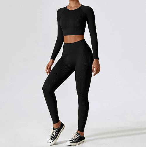 Fitness Set Αθλητικό Κολάν και Μακρυμάνικο Μπλουζάκι Μαύρο
