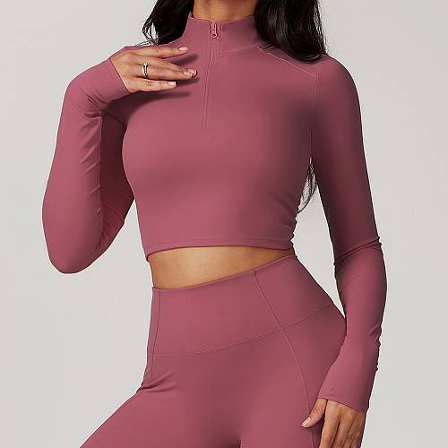 Fitness Set Αθλητικό Κολάν Ψηλόμεσο και Μπουστάκι Μακρυμάνικο Με Φερμουάρ Ροζ