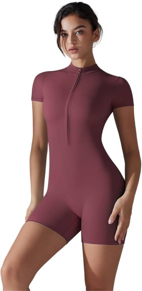 Fitness Ολόσωμη Φόρμα με Σορτσάκι Biker & Βαθύ Φερμουάρ Burgundy