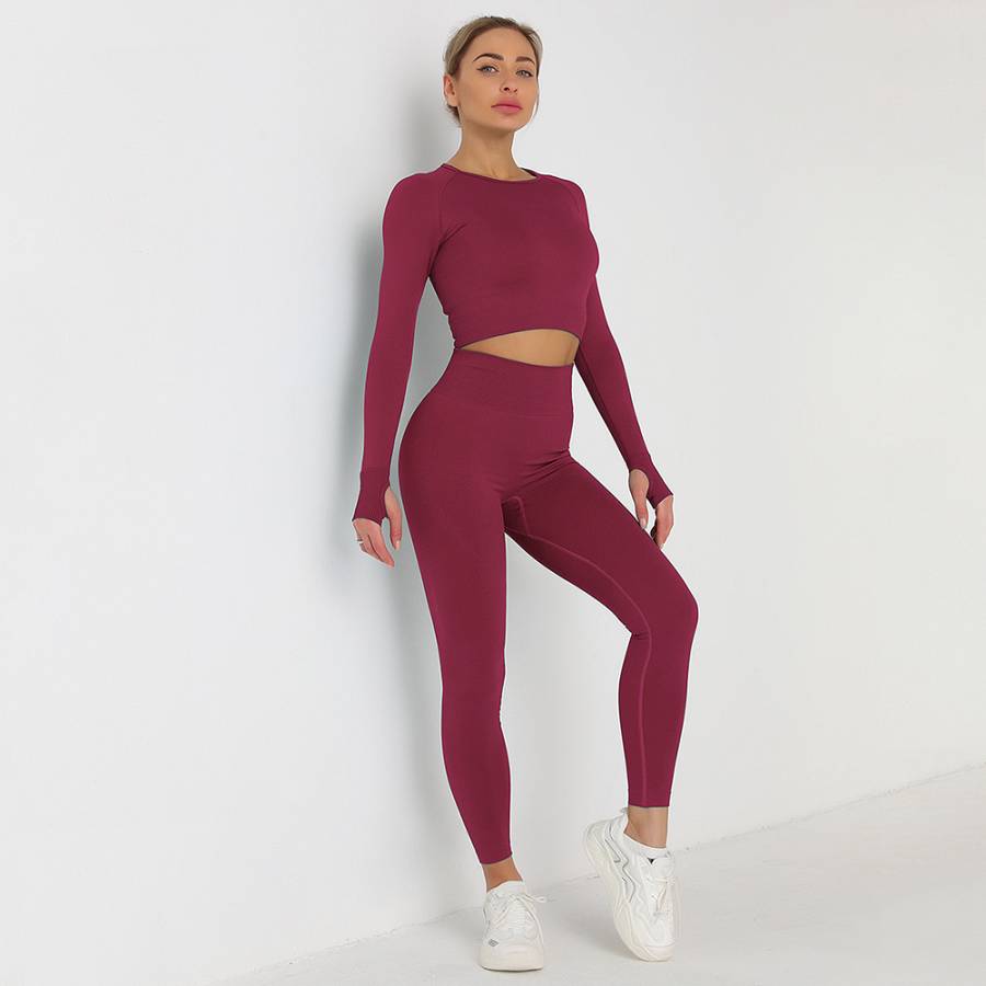 Fitness Set Αθλητικό Κολάν Ψηλόμεσο και Μακρυμάνικο Μπουστάκι Burgundy