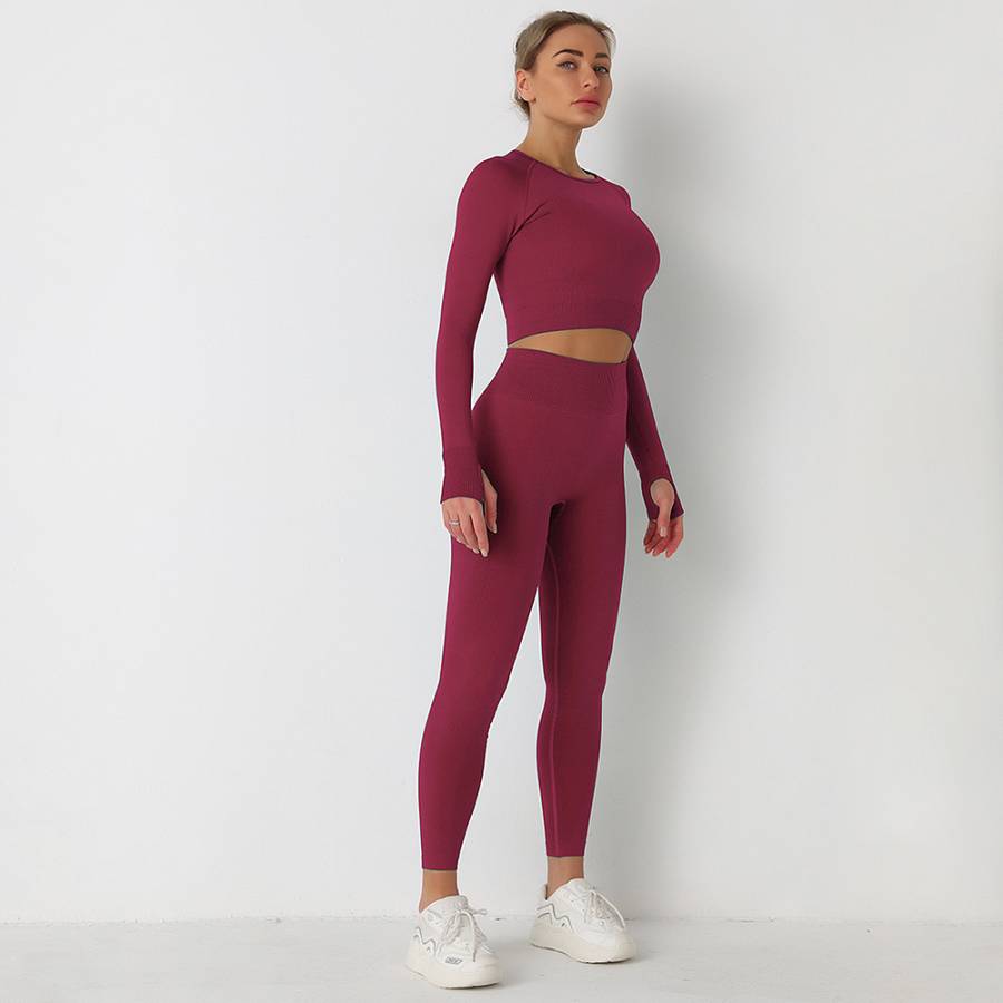 Fitness Set Αθλητικό Κολάν Ψηλόμεσο και Μακρυμάνικο Μπουστάκι Burgundy