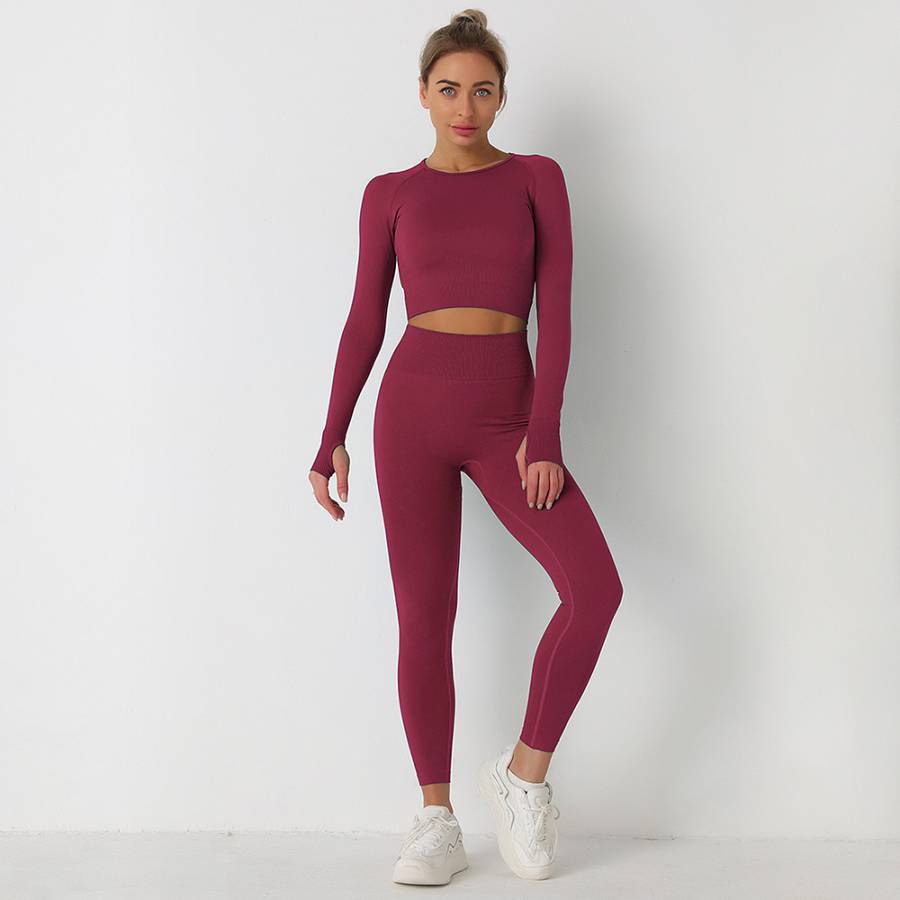 Fitness Set Αθλητικό Κολάν Ψηλόμεσο και Μακρυμάνικο Μπουστάκι Burgundy