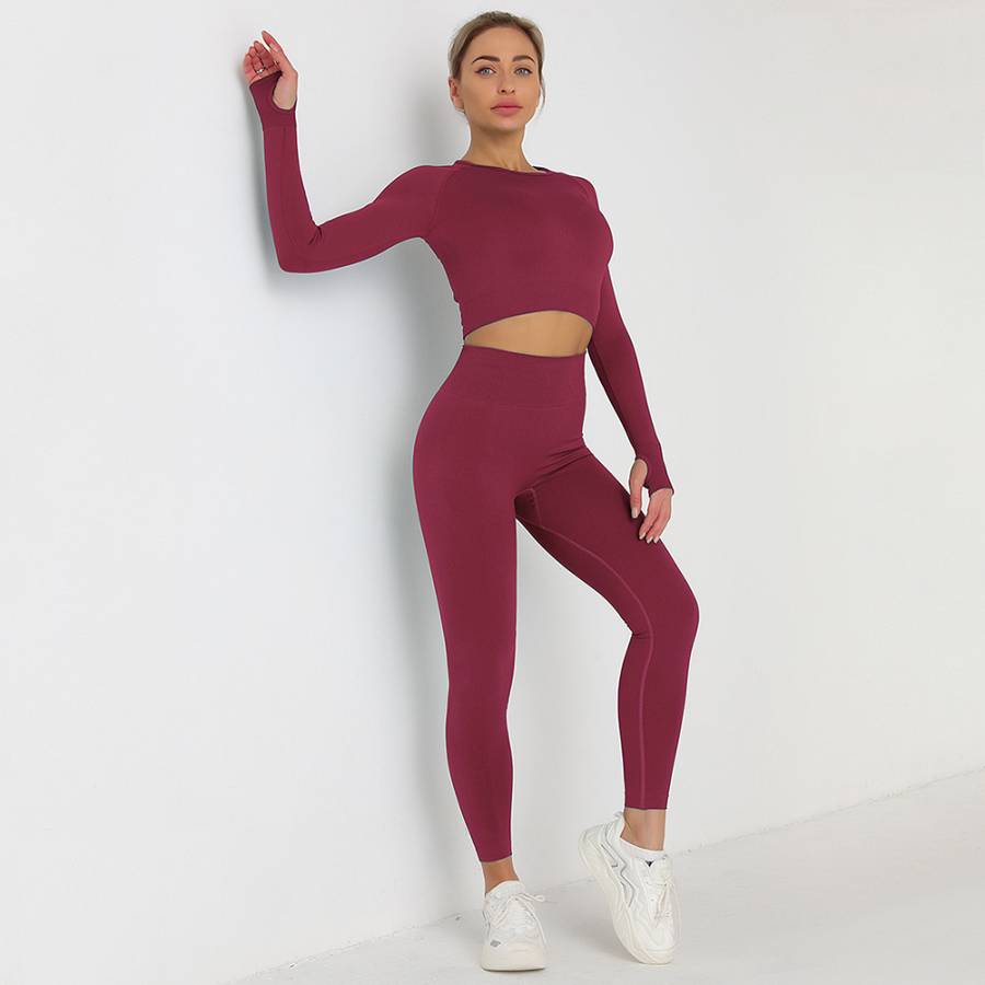 Fitness Set Αθλητικό Κολάν Ψηλόμεσο και Μακρυμάνικο Μπουστάκι Burgundy
