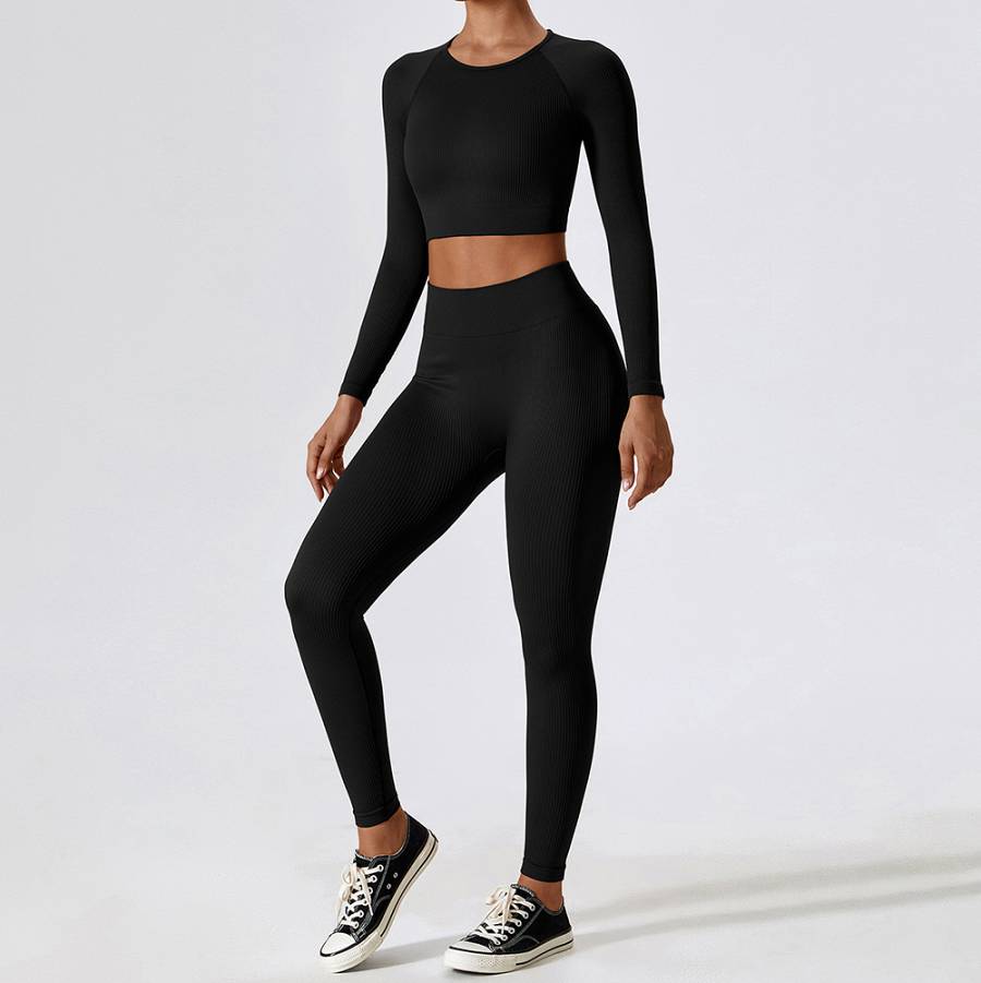 Fitness Set Αθλητικό Κολάν και Μακρυμάνικο Μπλουζάκι Μαύρο