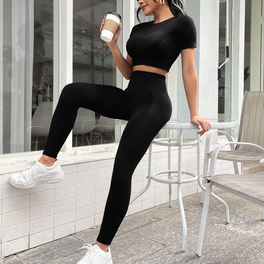 Fitness Set Αθλητικό Κολάν Ψηλόμεσο και Μπουστάκι Κοντομάνικο Μαύρο