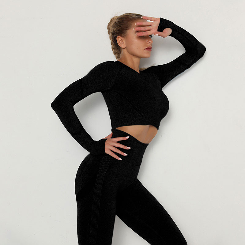 Fitness Set Αθλητικό Κολάν Ψηλόμεσο και Μπουστάκι Μακρυμάνικο Black