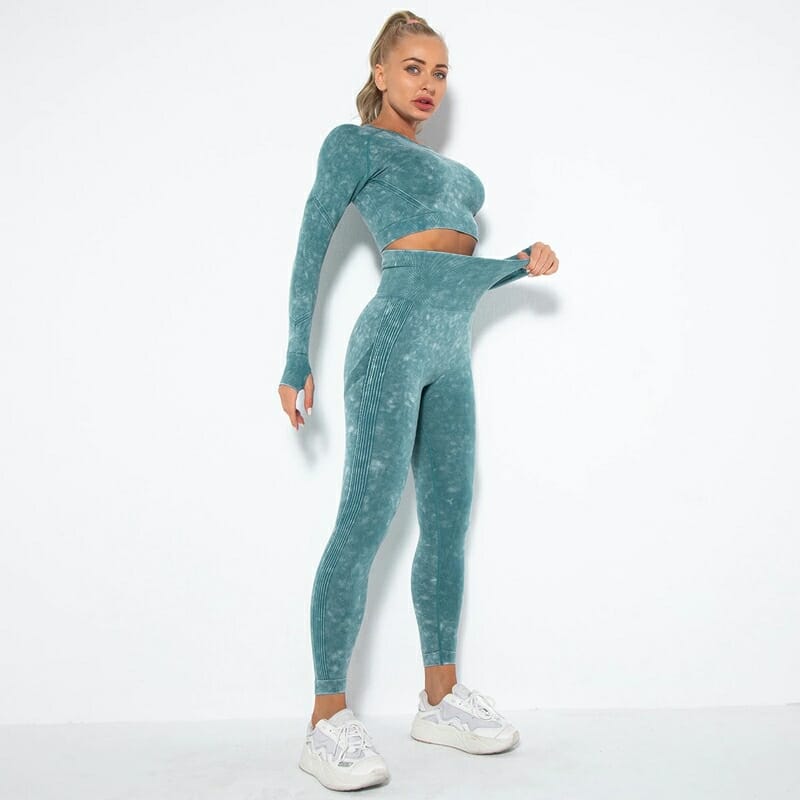 Fitness Set Αθλητικό Κολάν Ψηλόμεσο & Μπουστάκι Μακρυμάνικο Petrol