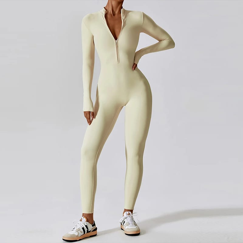 Fitness Ολόσωμη Αθλητική Φόρμα Μακρυμάνικη Creme